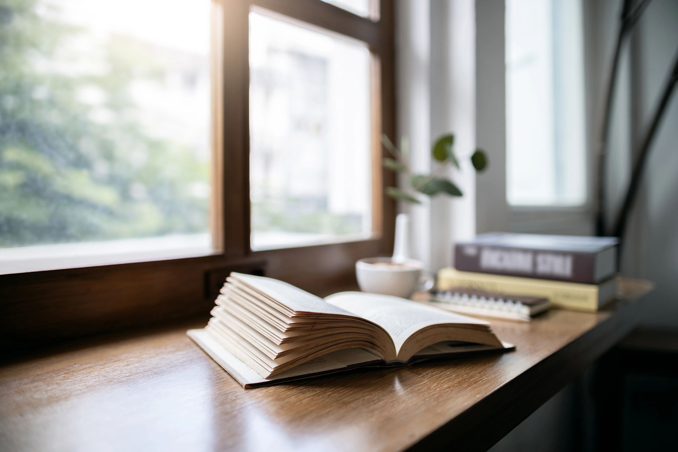 Open book on a desk, representing reading and learning online
